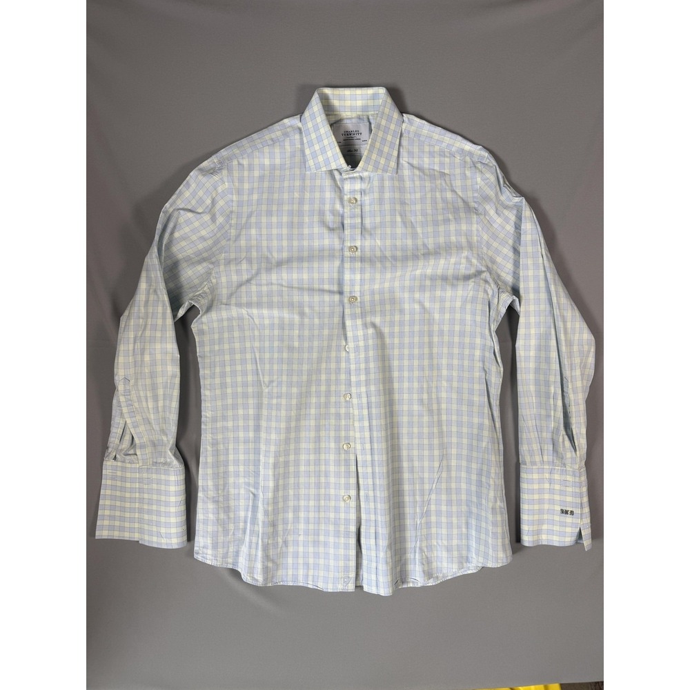 Charles Tyrwhitt Shirt Mens 17 34/35 Blue Check Slim Fit French Cuff Dress
